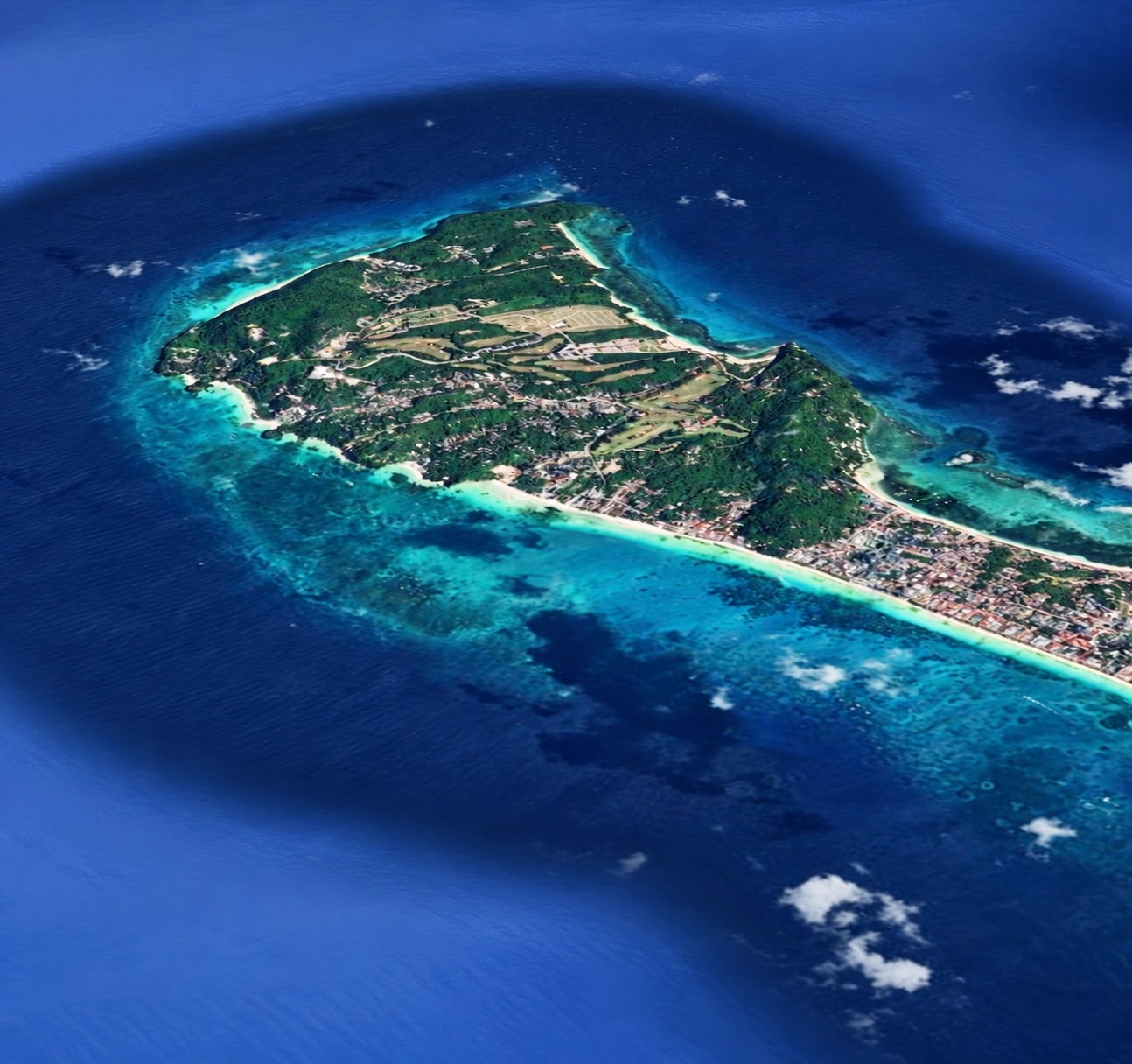 Aerial view of the whole island in pale reef water